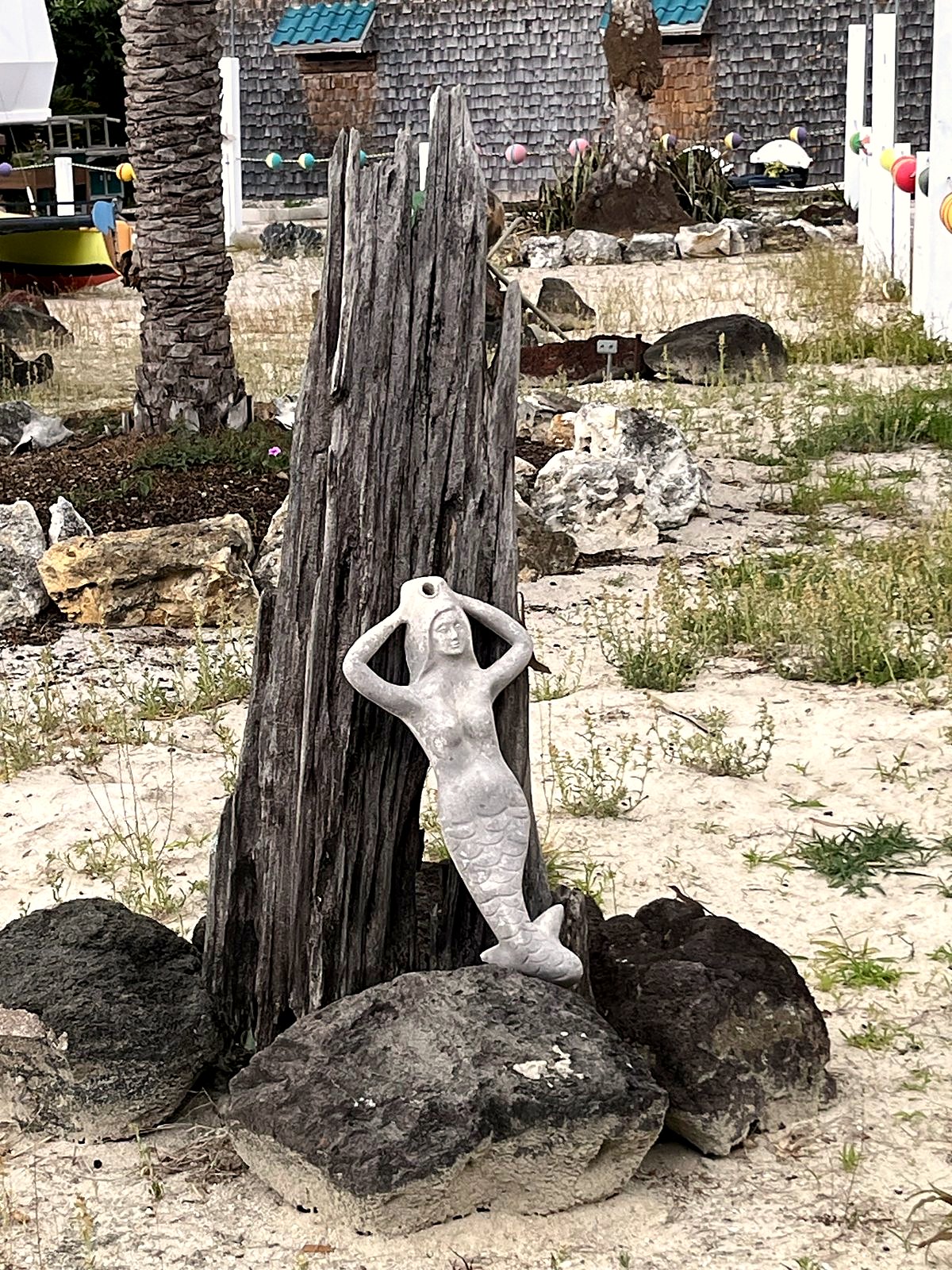 Stone mermaid on driftwood